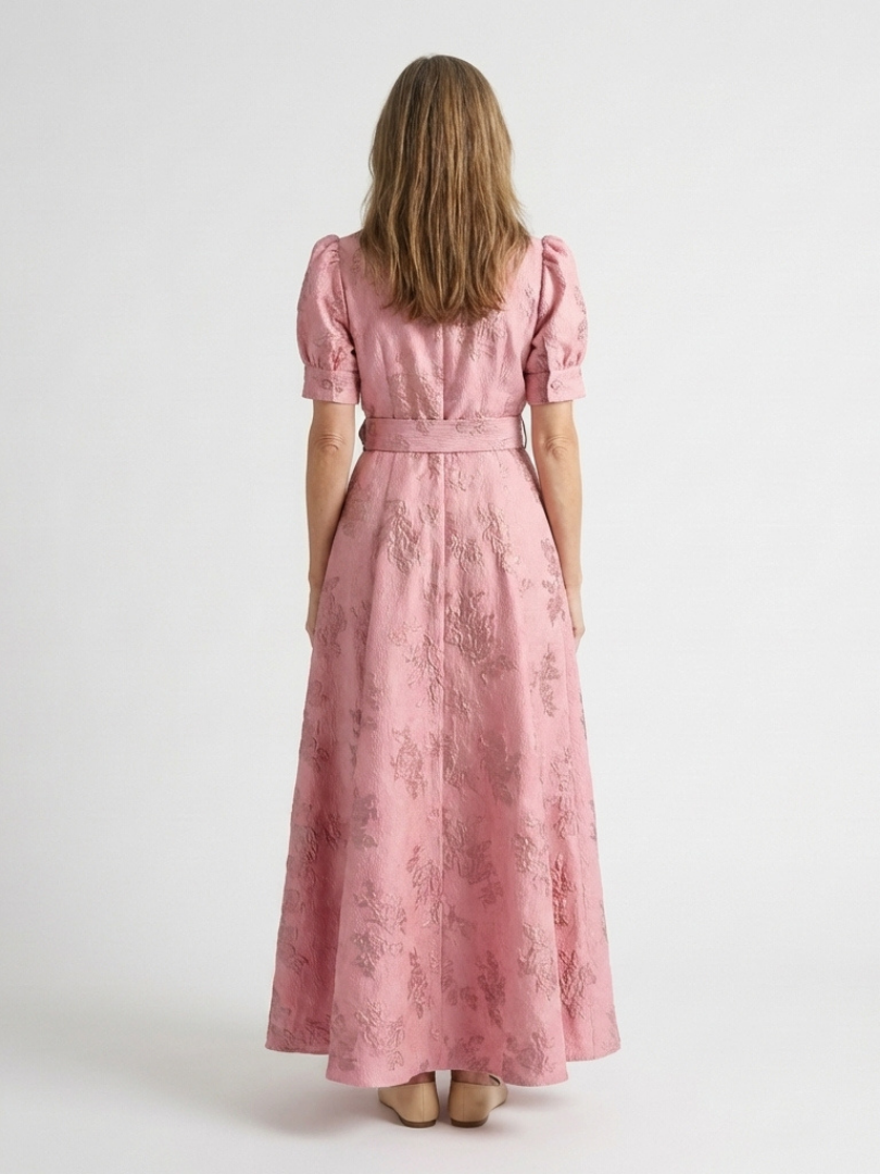 Yvette | Robe maxi à manches courtes et ceinture florale