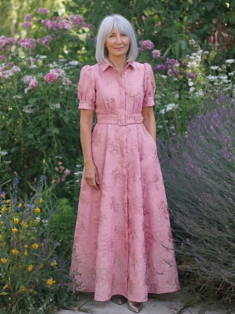 Yvette | Robe maxi à manches courtes et ceinture florale