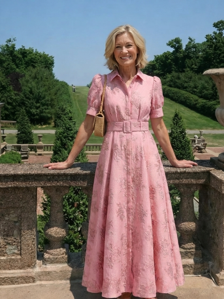 Yvette | Robe maxi à manches courtes et ceinture florale