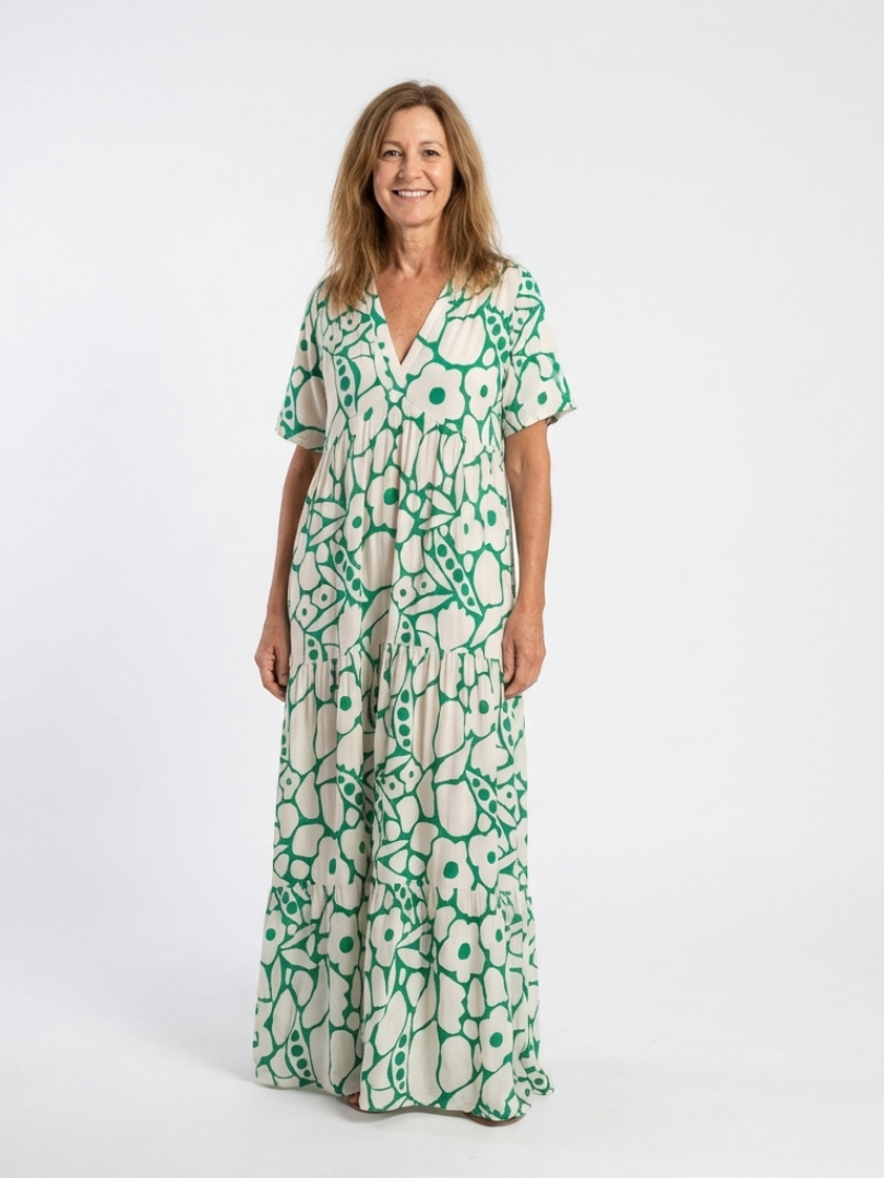 Marielle | Robe midi avec fleurs, manches courtes et décolleté en V