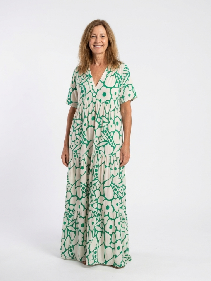 Marielle | Robe midi avec fleurs, manches courtes et décolleté en V