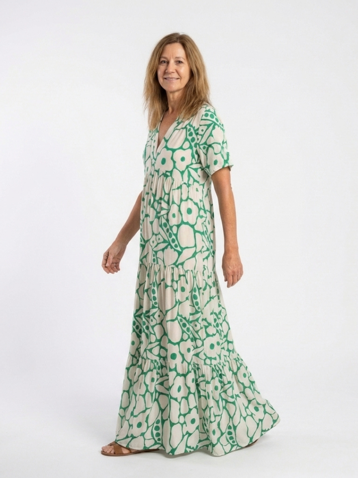 Marielle | Robe midi avec fleurs, manches courtes et décolleté en V