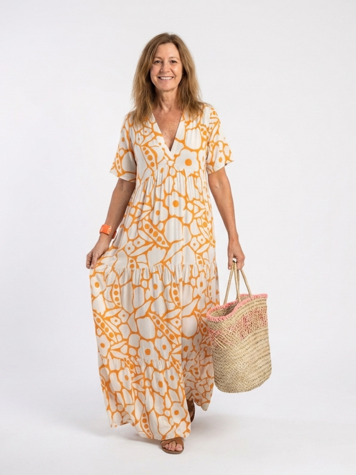 Marielle | Robe midi avec fleurs, manches courtes et décolleté en V