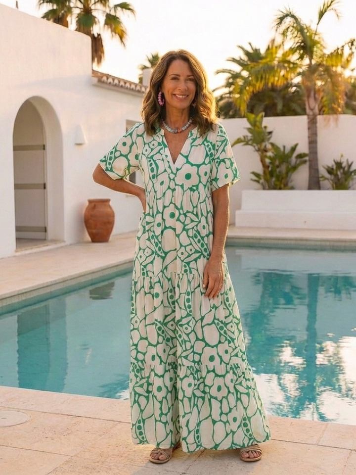 Marielle | Robe midi avec fleurs, manches courtes et décolleté en V