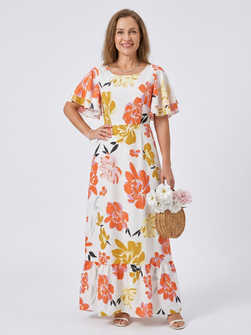 Elvire | Robe maxi à manches courtes et décolleté rond