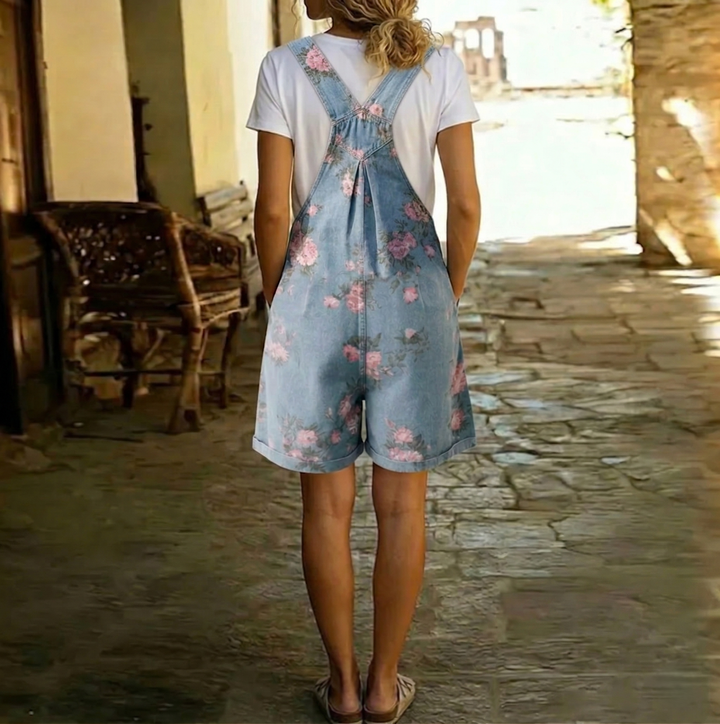 Virginie™ | Salopette courte en denim avec détail floral brodé