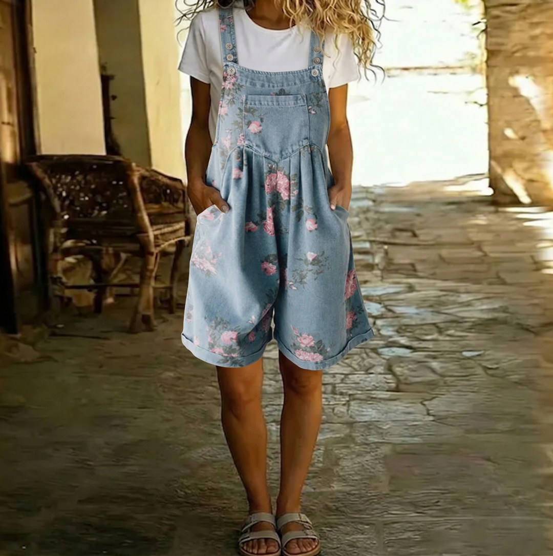 Virginie™ | Salopette courte en denim avec détail floral brodé