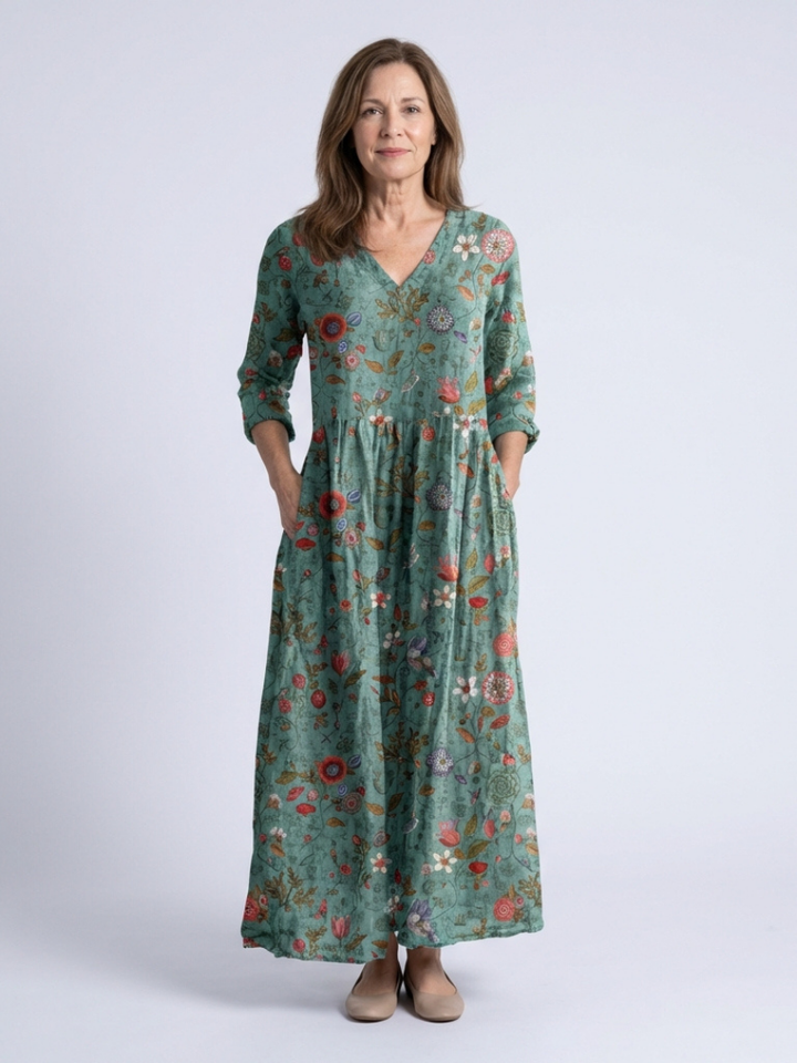 Damien | Robe Maxi Florale avec Décolleté en V et Manches Trois Quarts