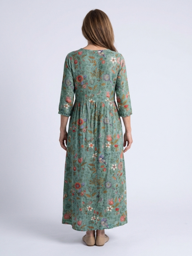 Damien | Robe Maxi Florale avec Décolleté en V et Manches Trois Quarts