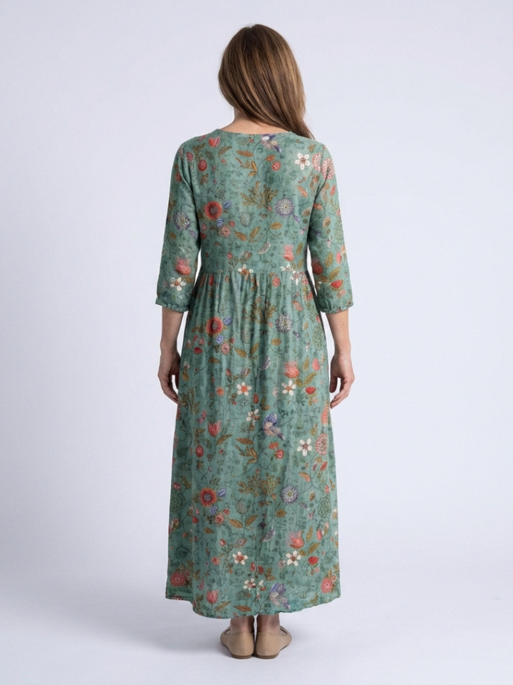 Damien | Robe Maxi Florale avec Décolleté en V et Manches Trois Quarts