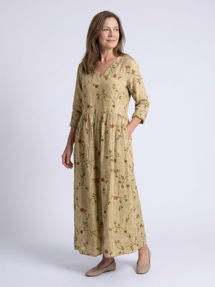 Damien | Robe Maxi Florale avec Décolleté en V et Manches Trois Quarts