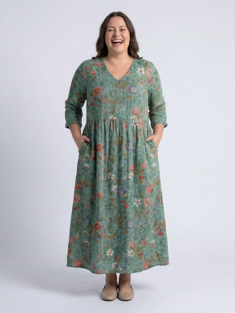 Damien | Robe Maxi Florale avec Décolleté en V et Manches Trois Quarts