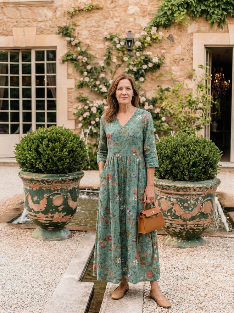 Damien | Robe Maxi Florale avec Décolleté en V et Manches Trois Quarts