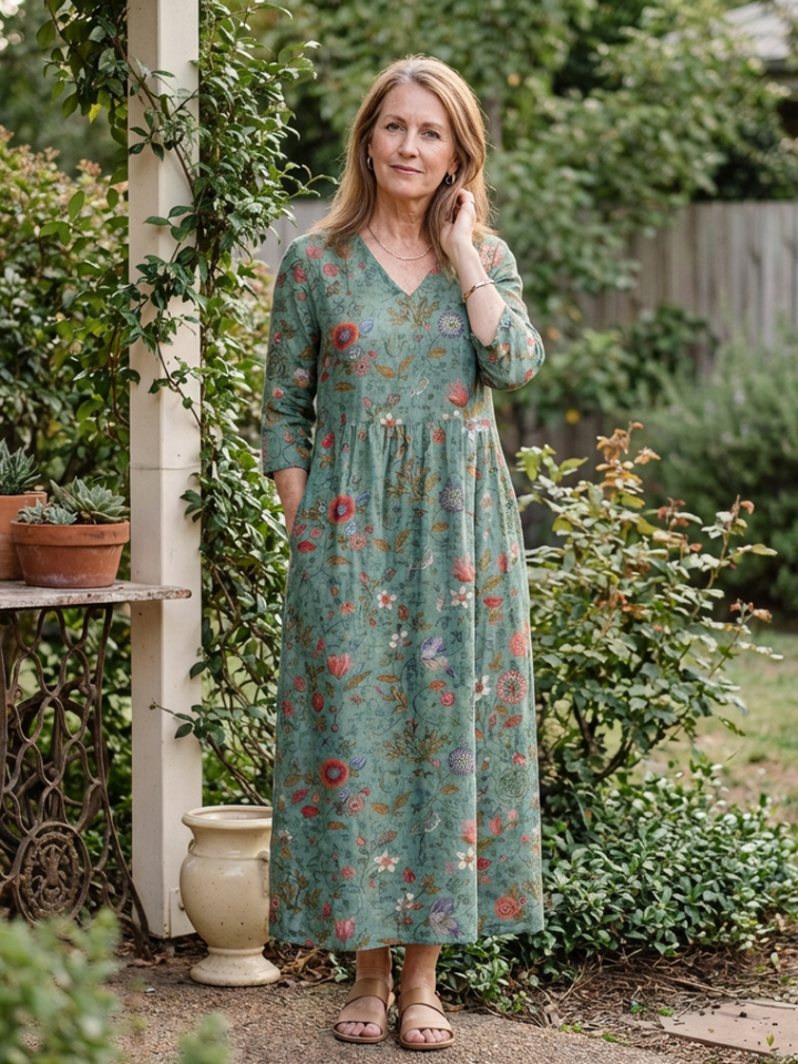 Damien | Robe Maxi Florale avec Décolleté en V et Manches Trois Quarts
