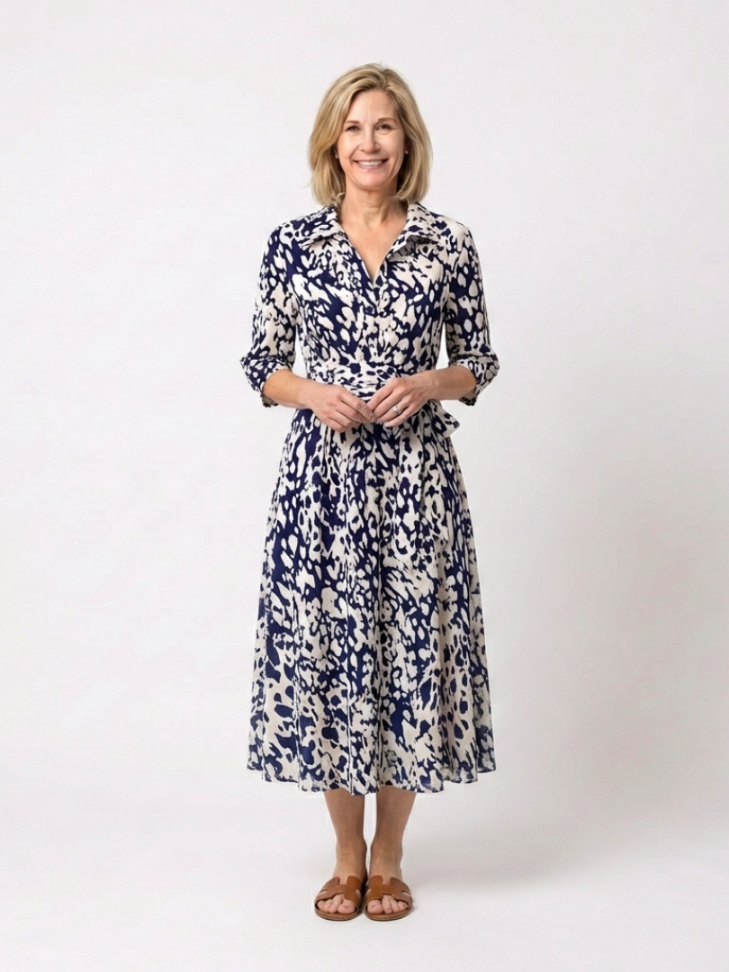 Fernande | Robe Midi à Manches Longues avec Ceinture