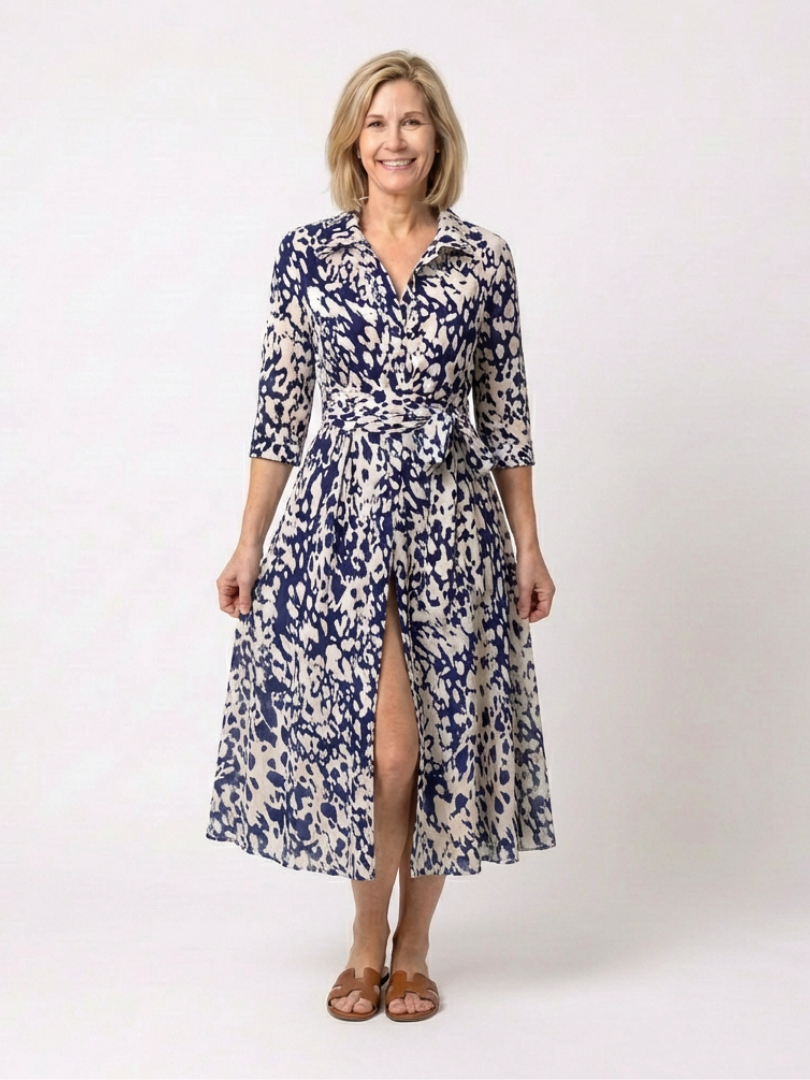 Fernande | Robe Midi à Manches Longues avec Ceinture