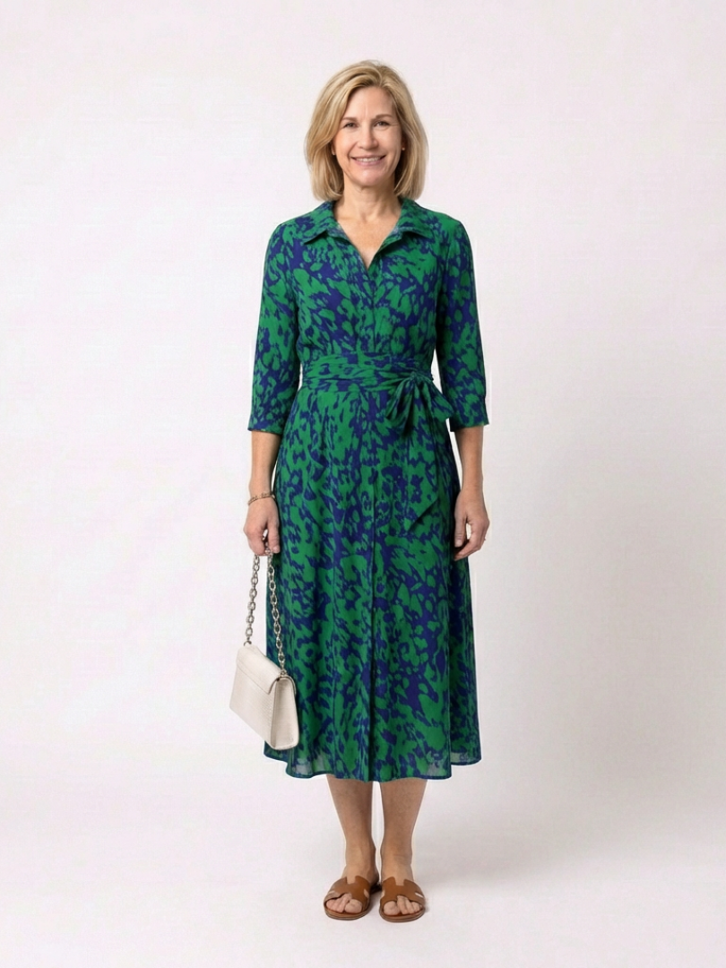 Fernande | Robe Midi à Manches Longues avec Ceinture