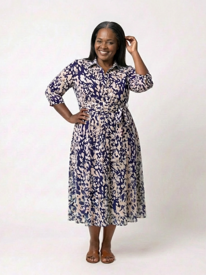 Fernande | Robe Midi à Manches Longues avec Ceinture