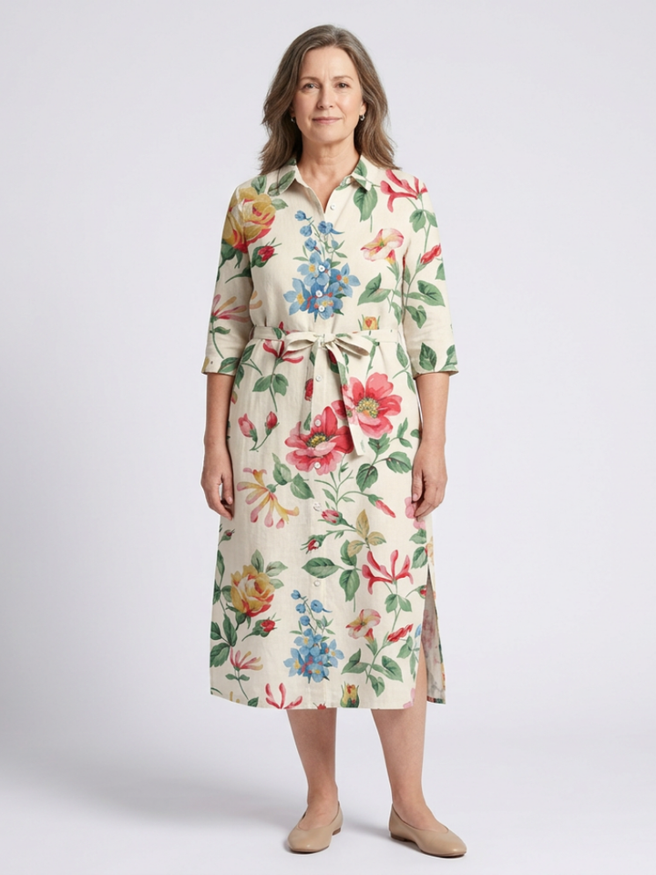 Florentine | Robe midi avec fleurs et manches courtes avec boutons