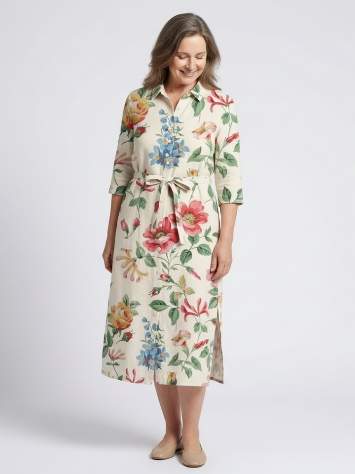 Florentine | Robe midi avec fleurs et manches courtes avec boutons