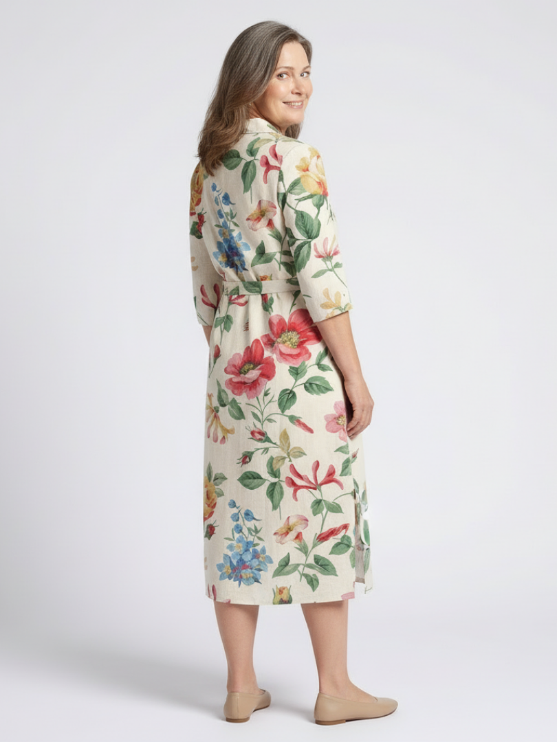 Florentine | Robe midi avec fleurs et manches courtes avec boutons
