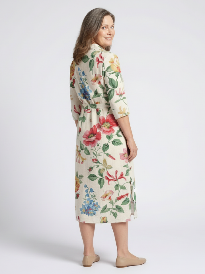 Florentine | Robe midi avec fleurs et manches courtes avec boutons