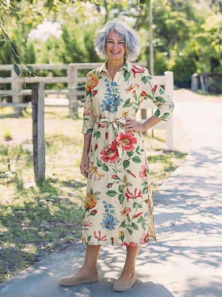 Florentine | Robe midi avec fleurs et manches courtes avec boutons