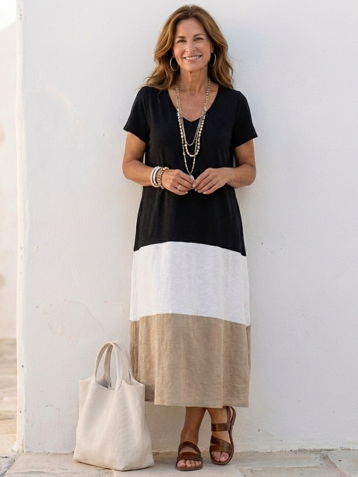 Nathanaëlle | Robe midi avec décolleté en V et manches courtes bicolores