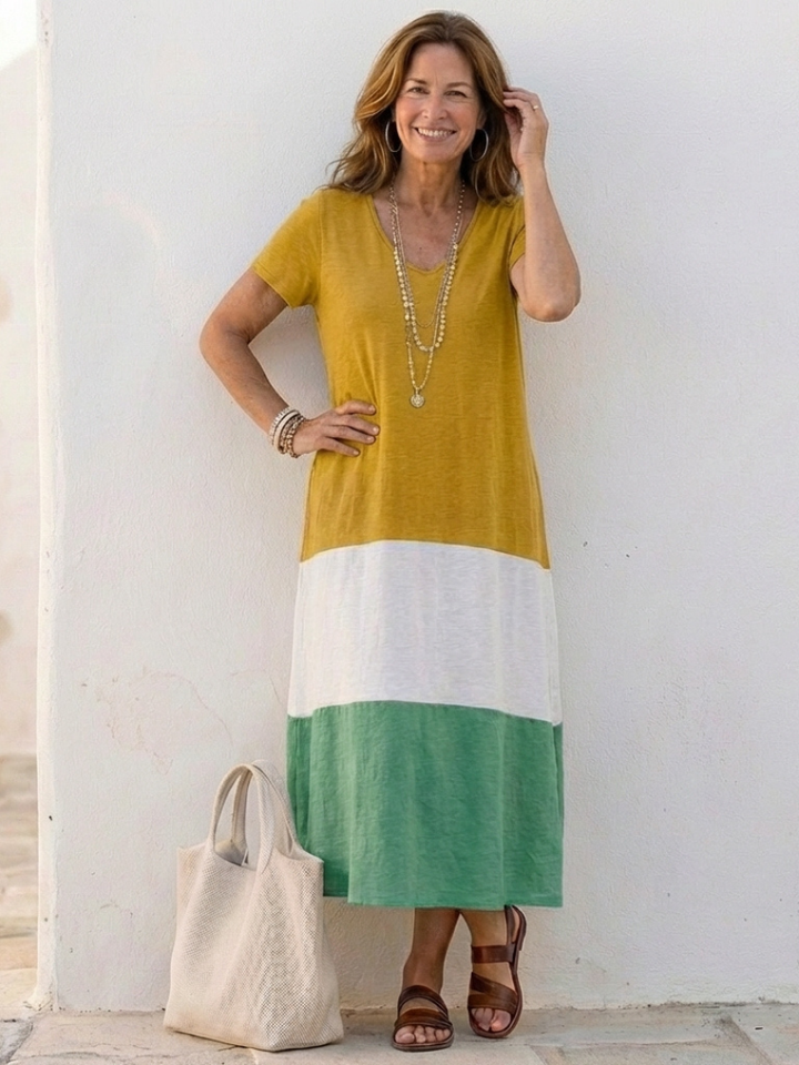 Nathanaëlle | Robe midi avec décolleté en V et manches courtes bicolores