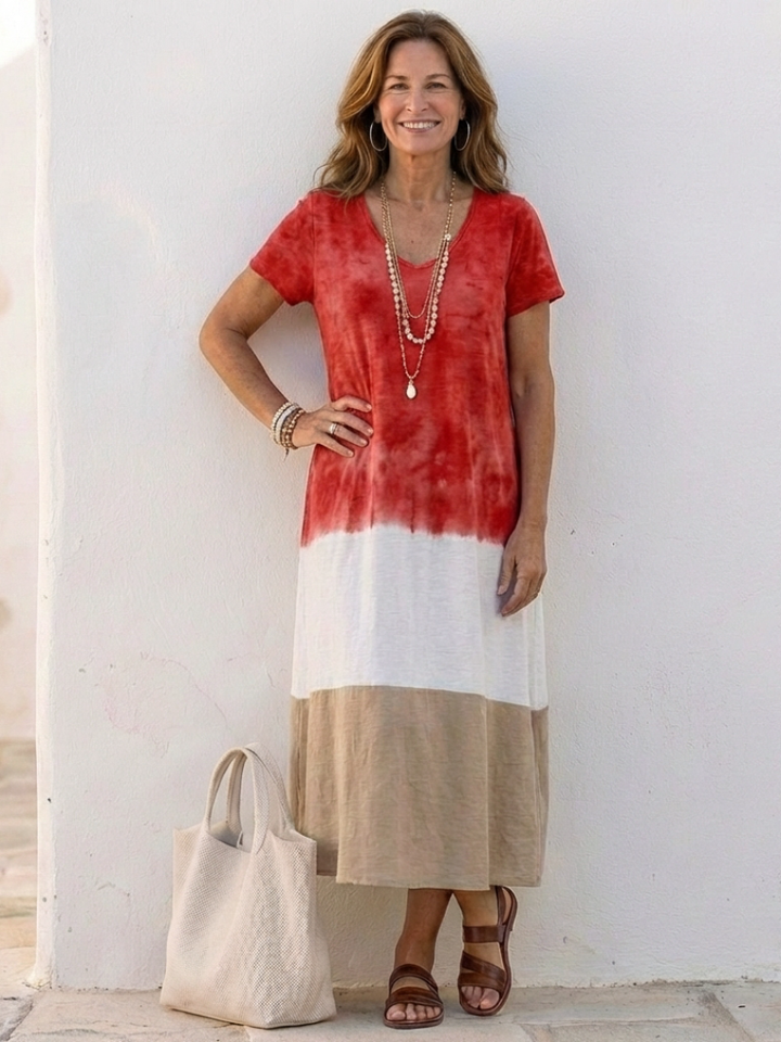 Nathanaëlle | Robe midi avec décolleté en V et manches courtes bicolores