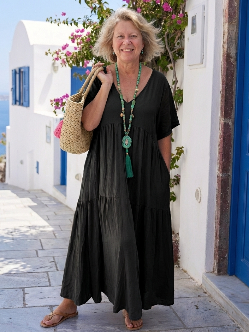 Victoire | Robe Maxi en Bleu avec Manches Courtes et Volants