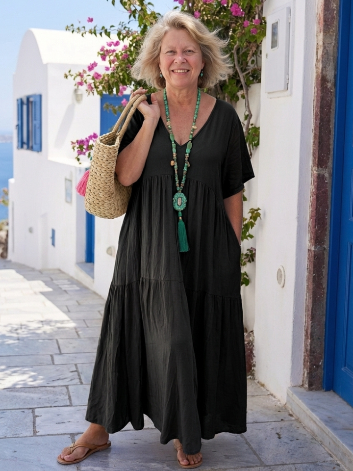Victoire | Robe Maxi en Bleu avec Manches Courtes et Volants