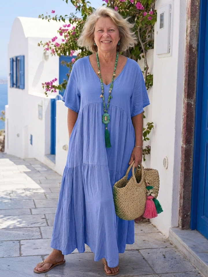 Victoire | Robe Maxi en Bleu avec Manches Courtes et Volants