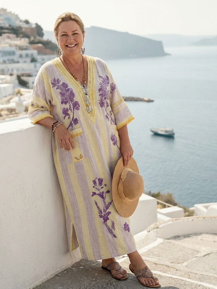 Anouk | Robe Maxi à Rayures Florales avec Décolleté en V et Manches Semi-Longues