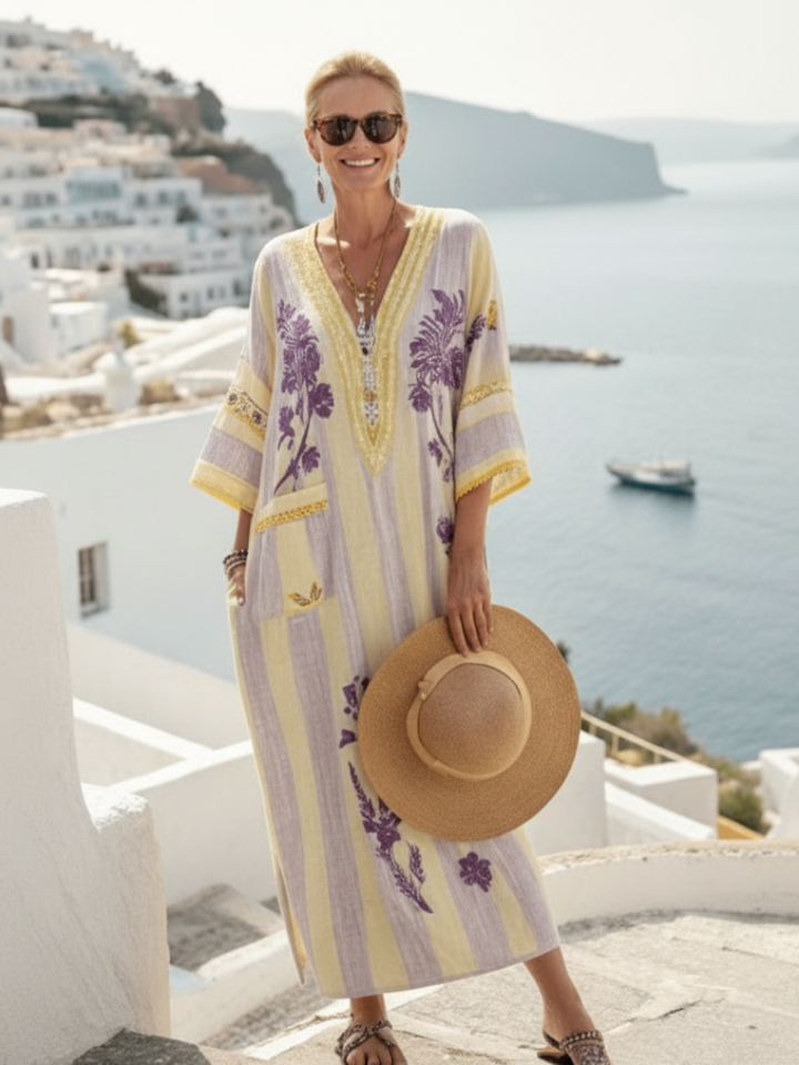 Anouk | Robe Maxi à Rayures Florales avec Décolleté en V et Manches Semi-Longues
