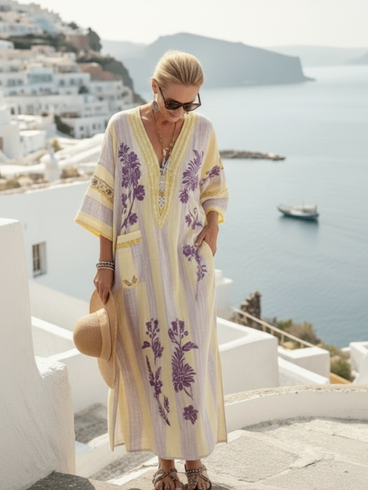 Anouk | Robe Maxi à Rayures Florales avec Décolleté en V et Manches Semi-Longues