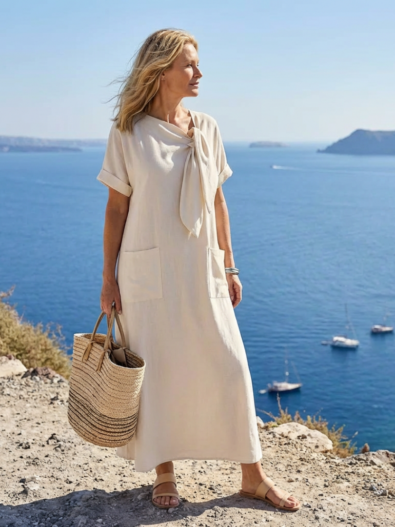 Agathe | Robe Maxi avec Encolure Ronde et Manches Courtes avec Poches