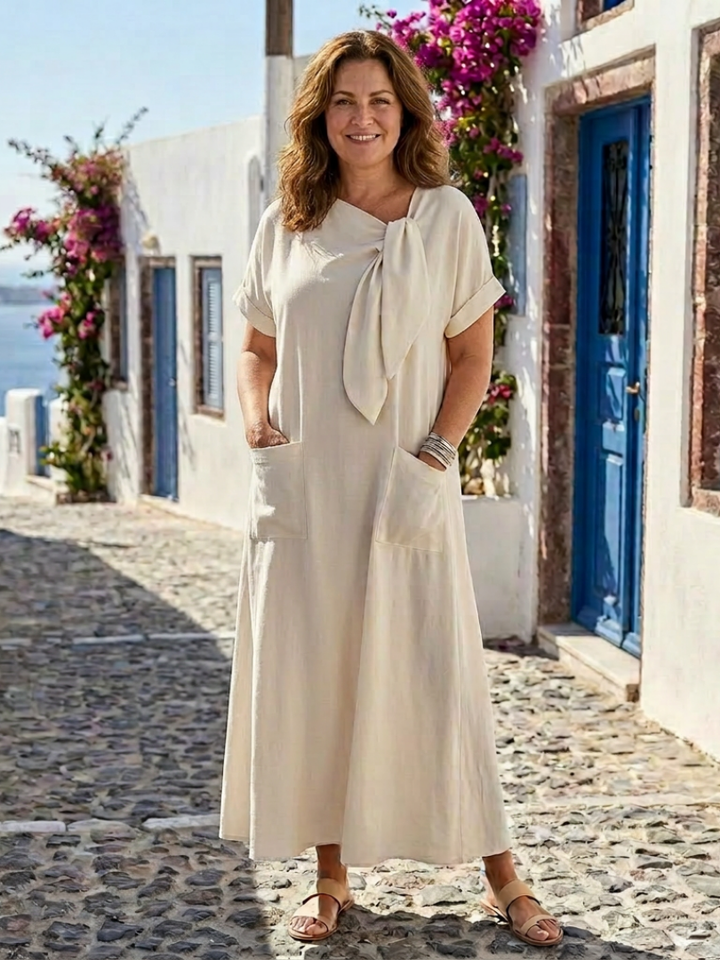 Agathe | Robe Maxi avec Encolure Ronde et Manches Courtes avec Poches