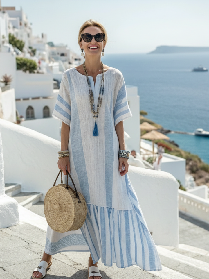 Solene | Robe maxi rayée avec encolure ronde et manches courtes