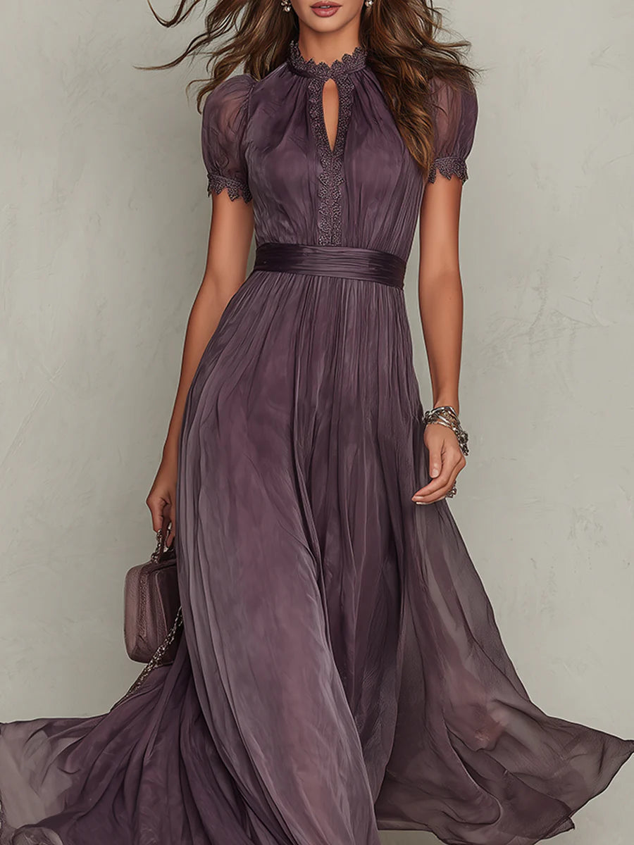 Mireille | Robe Longue Élégante Violet avec Décolleté en Goutte d'Eau et Dentelle