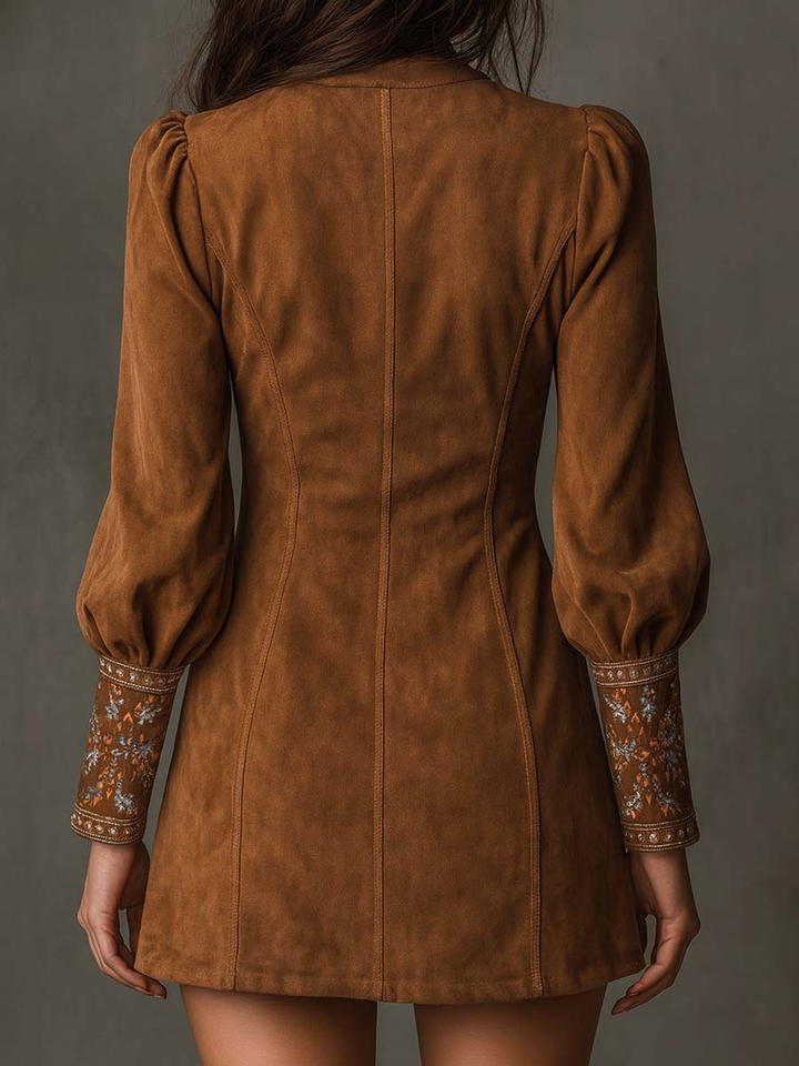 Bernadette | Robe Mini Vintage en Suède Brodée