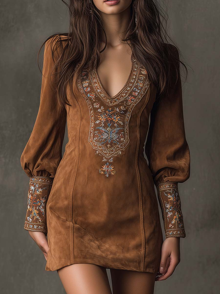 Bernadette | Robe Mini Vintage en Suède Brodée