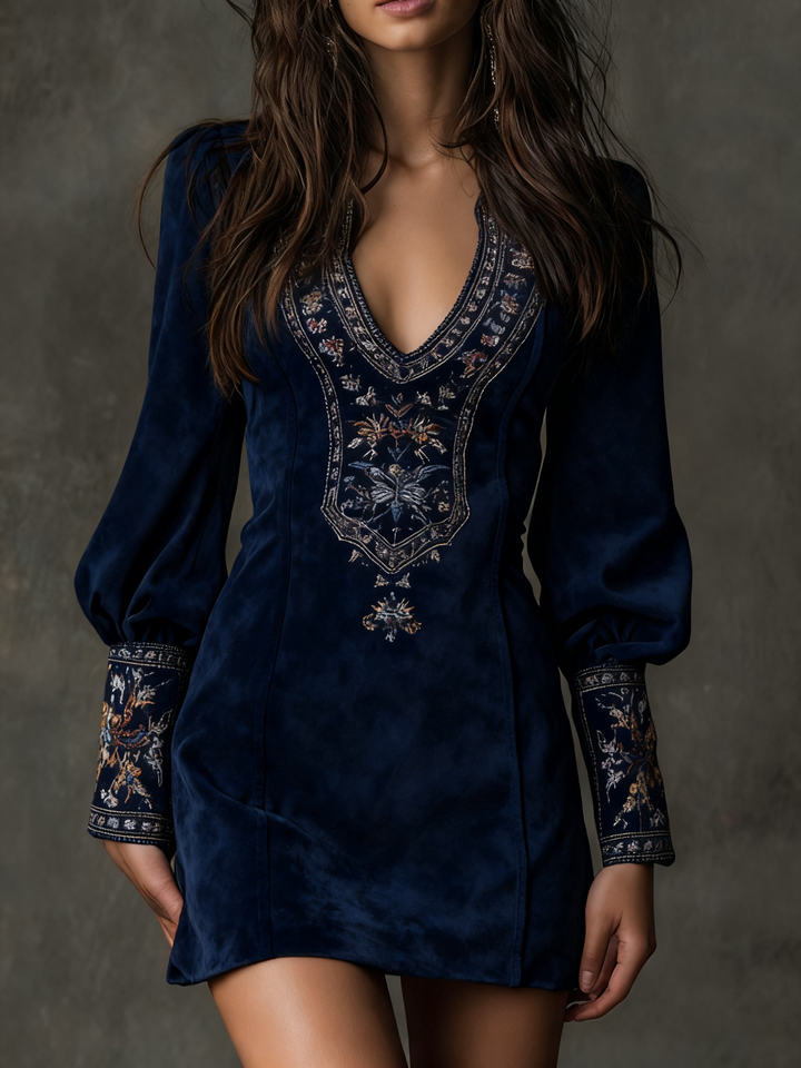 Bernadette | Robe Mini Vintage en Suède Brodée