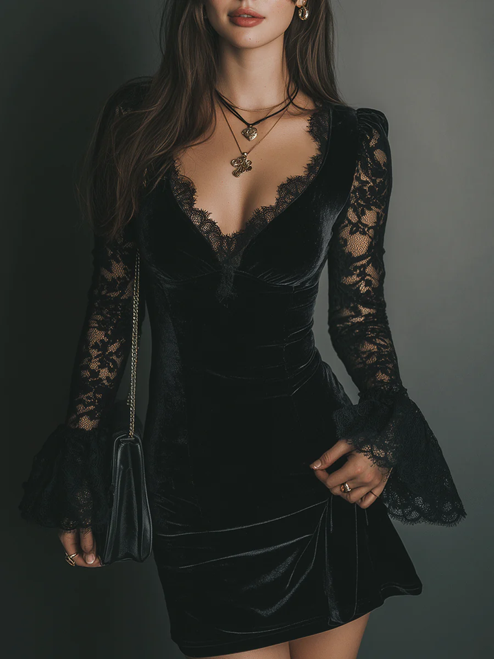 Lucette | Robe Mini en Velours et Dentelle