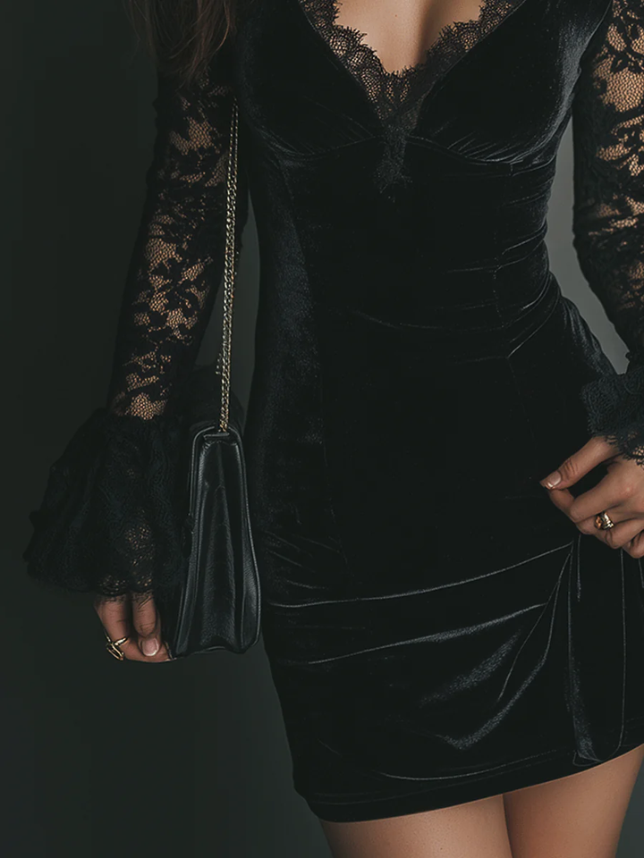 Lucette | Robe Mini en Velours et Dentelle