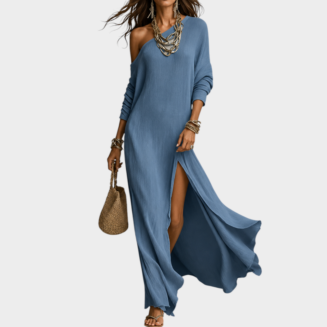 Aurore Paris blue midi dress with an asymmetrical one-shoulder neckline, long sleeves, and a high side slit.