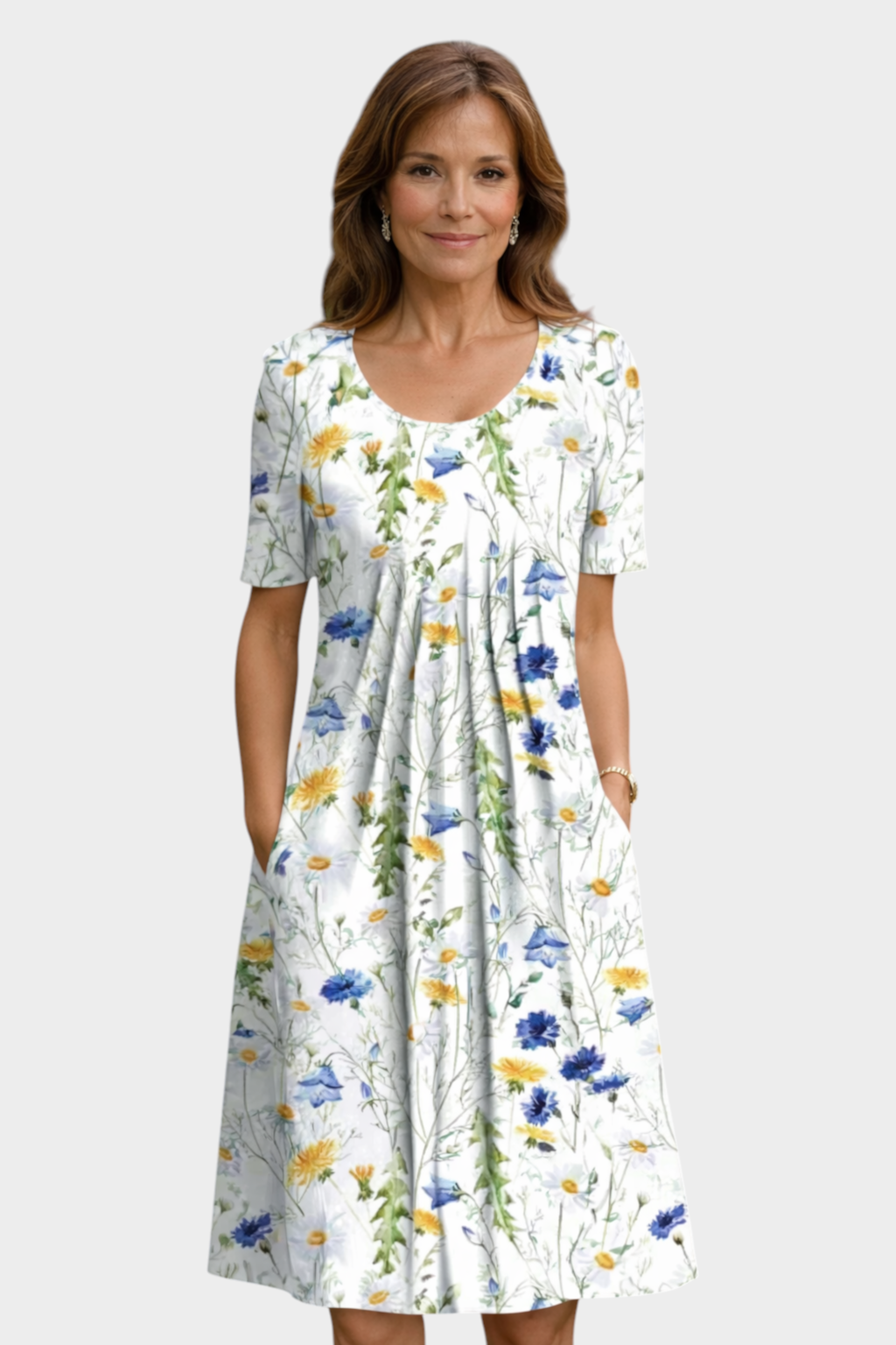 Aurore Paris midi dress with a white base and delicate blue and yellow floral print, featuring a round neck and pockets