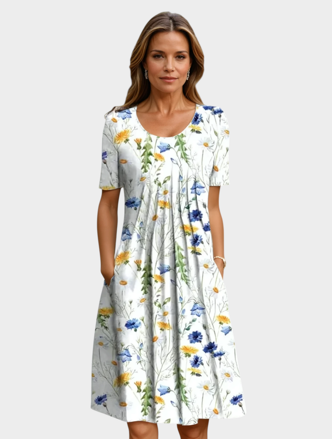 Aurore Paris VIOLETTE midi dress with a white base and delicate blue and yellow floral print, featuring side pockets.