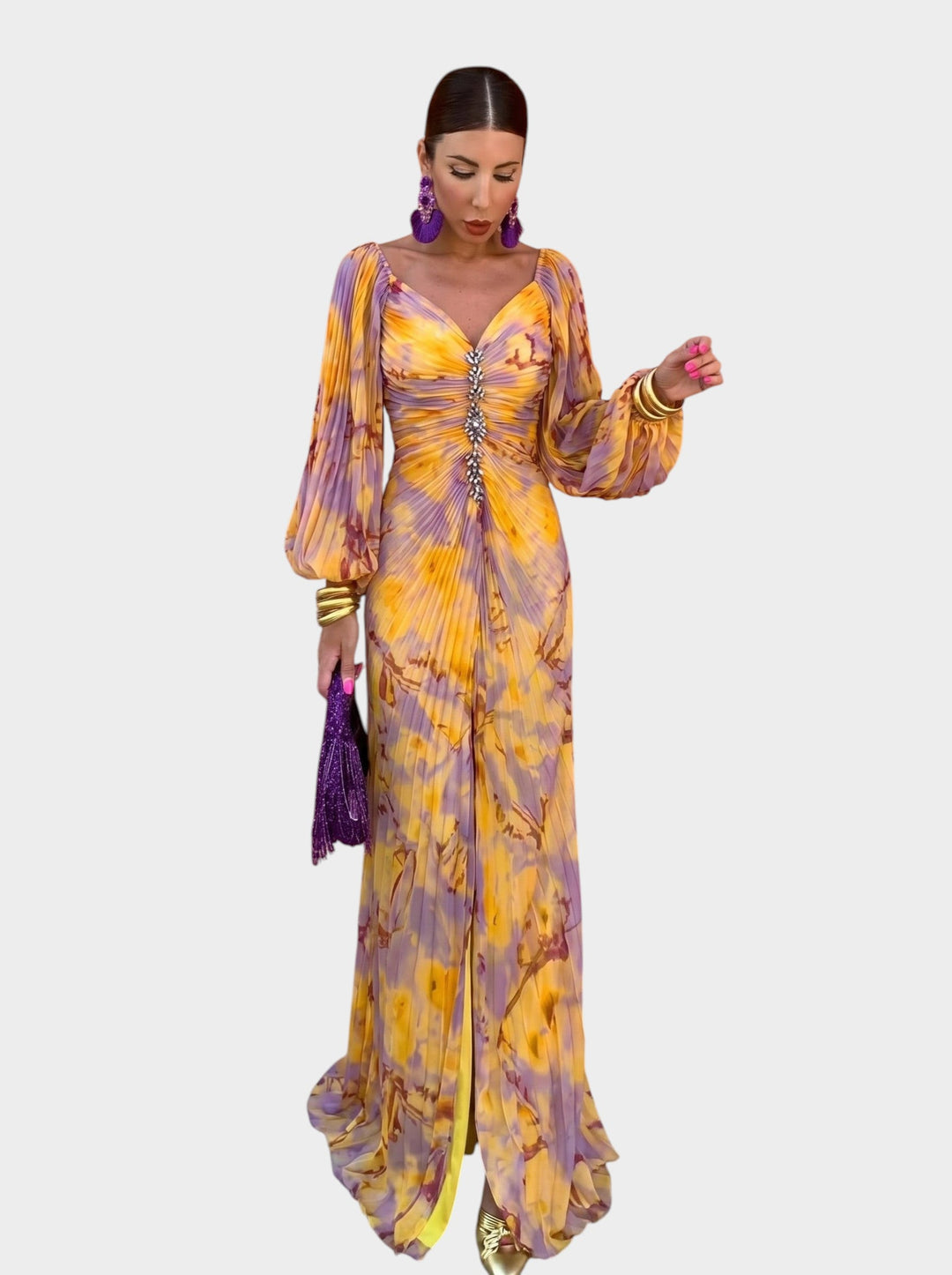 Carine | Robe Longue Fleurie avec Décolleté Profond