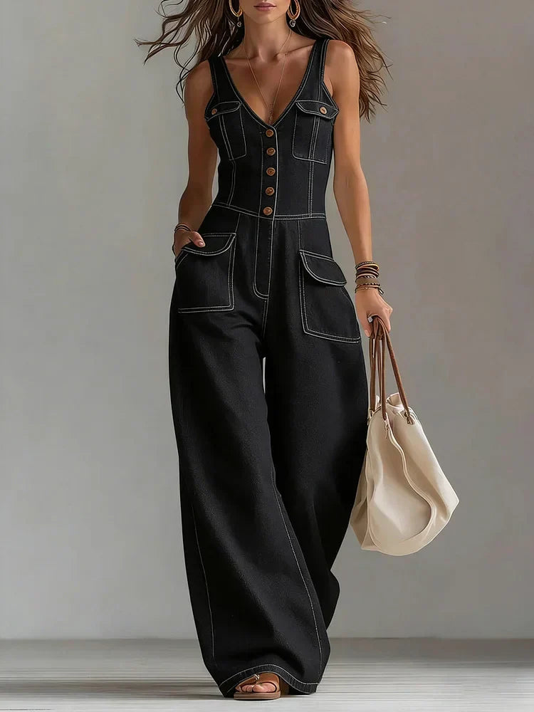 Judith™ | Salopette longue en denim ample avec jambes larges
